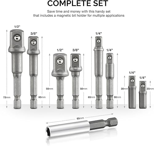 Miniatura 5 de NEIKO 00257 Juego de brocas de extensión para adaptador de enchufe, incluye unidades de 1/4, 3/8 y 1/2 pulgadas, fabricadas con acero CrV, juego