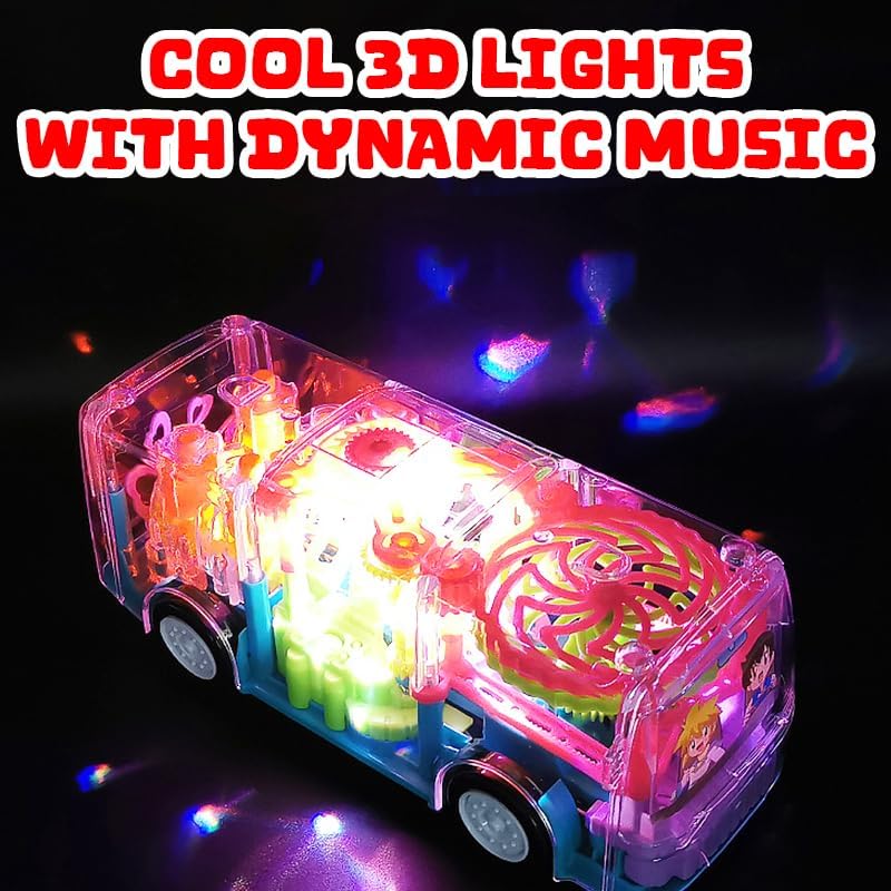 Image of DEOXY Toy Bus for Kids - Big Size Transparent Vehicle - Educational Aid for Learning Mechanisms by Observation - Bump and Go - 3D Flashing LED Lights and Music(1488B Bus)