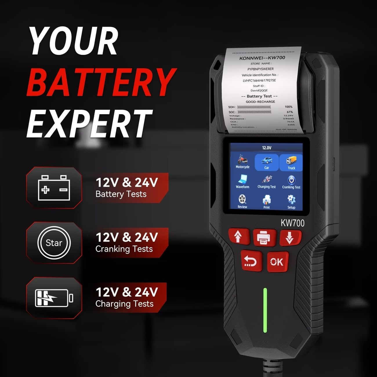 KONNWEI KW700 12V/24V Autobatterie Tester mit Drucker, Digitales Batterie-Analysegerät für PKW, LKW, Motorrad, AGM/GEL/EFB/Lithium Batterien,CCA/EN/DIN Normen, Start-Stopp,Lade- & Startsystem Diagnose
