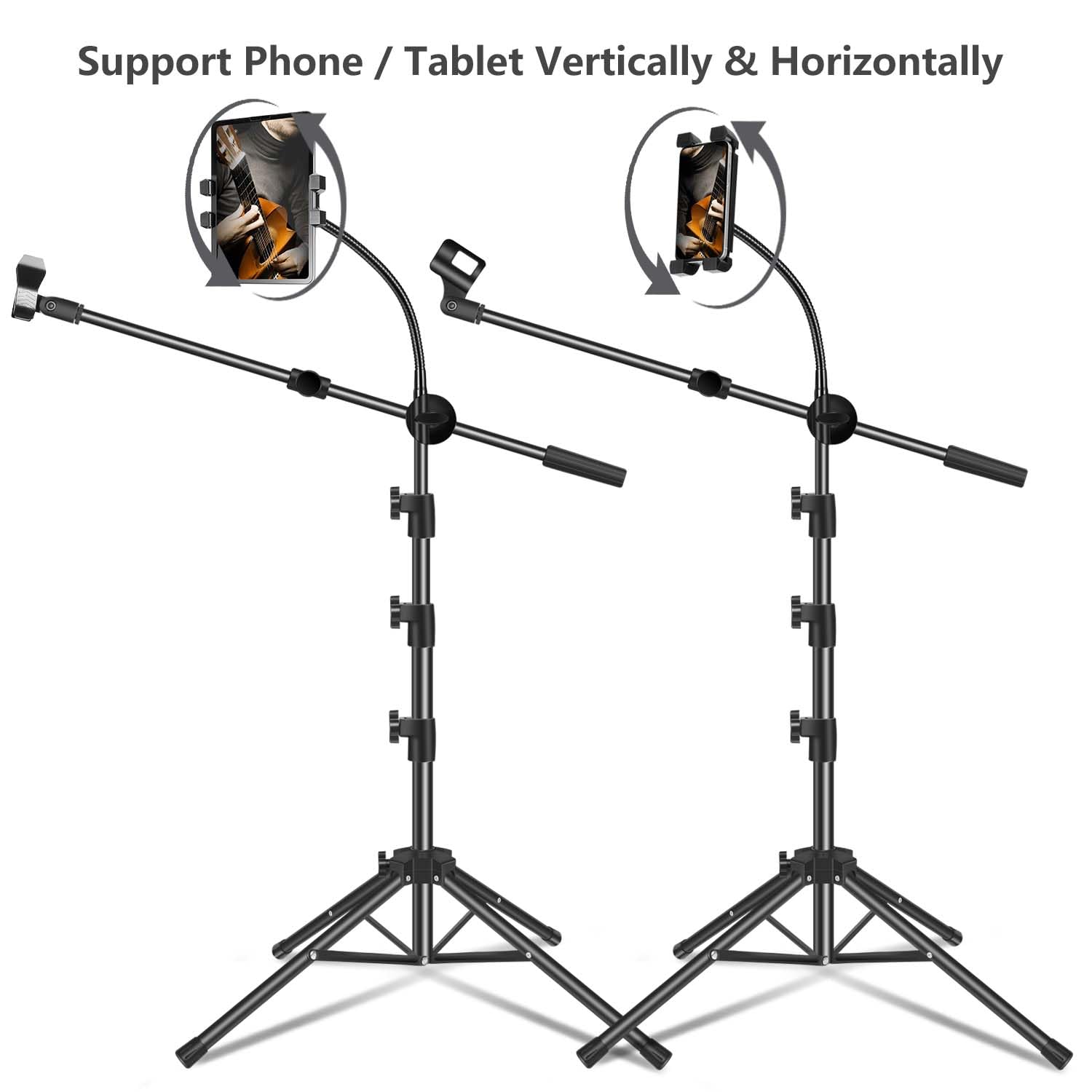Soporte para micrófono, soporte de micrófono con soporte para tablet y teléfono, altura ajustable, brazo de cuello de cisne con 2 clips de micrófono para cantar en escenario, fiesta