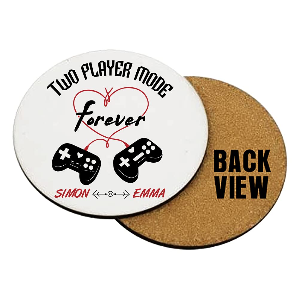Personalised Any Name Heart Controller Forever Two-Player Valentine Mode Gift for Gamer Geek Couple Video Gamers, Tableware, Coffee/Tea/Drink Coaster. (Round Shaped Coaster)