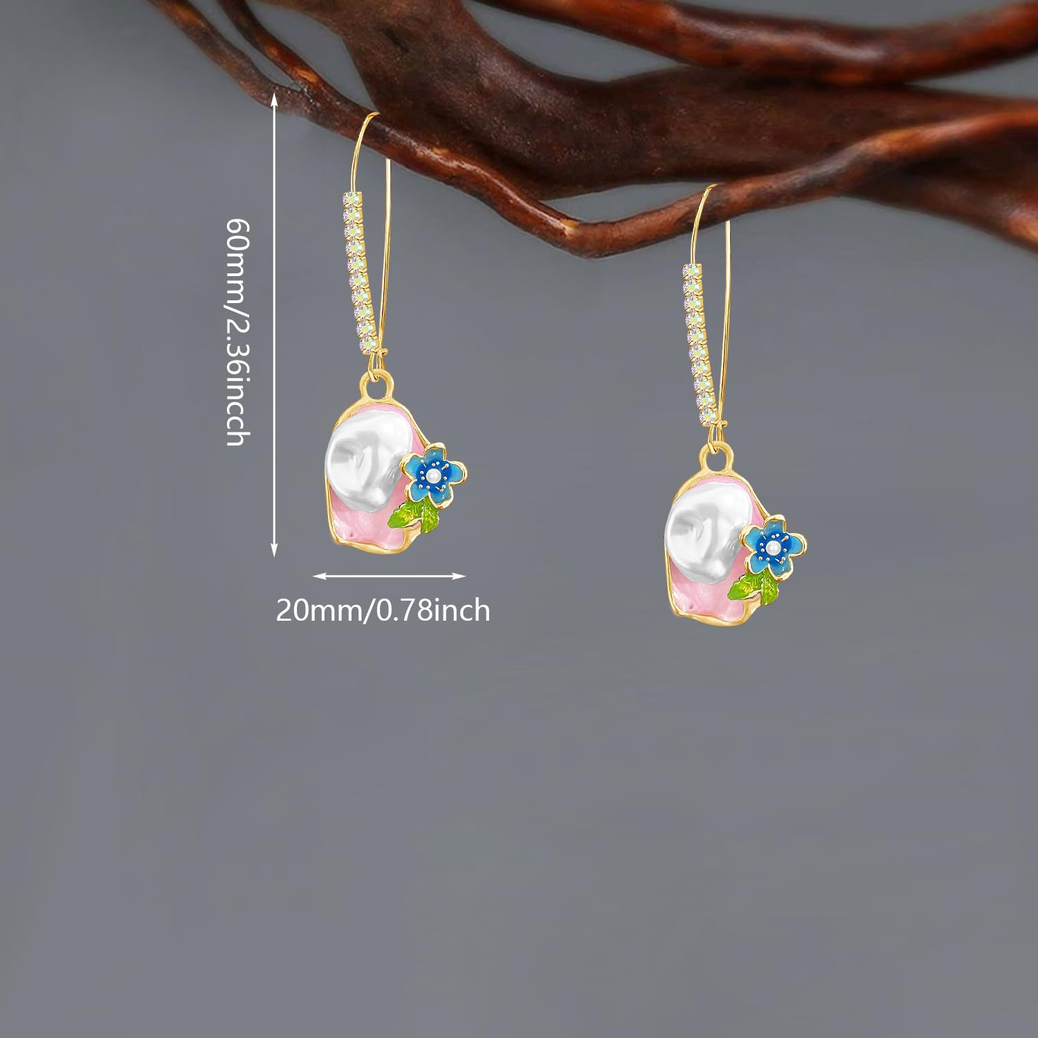 14k Gold Sparkly Crystal Enamel Flower Leverback Earrings Pearl Oval Picture Frame Dangle Drop Earrings For Women - Image 5