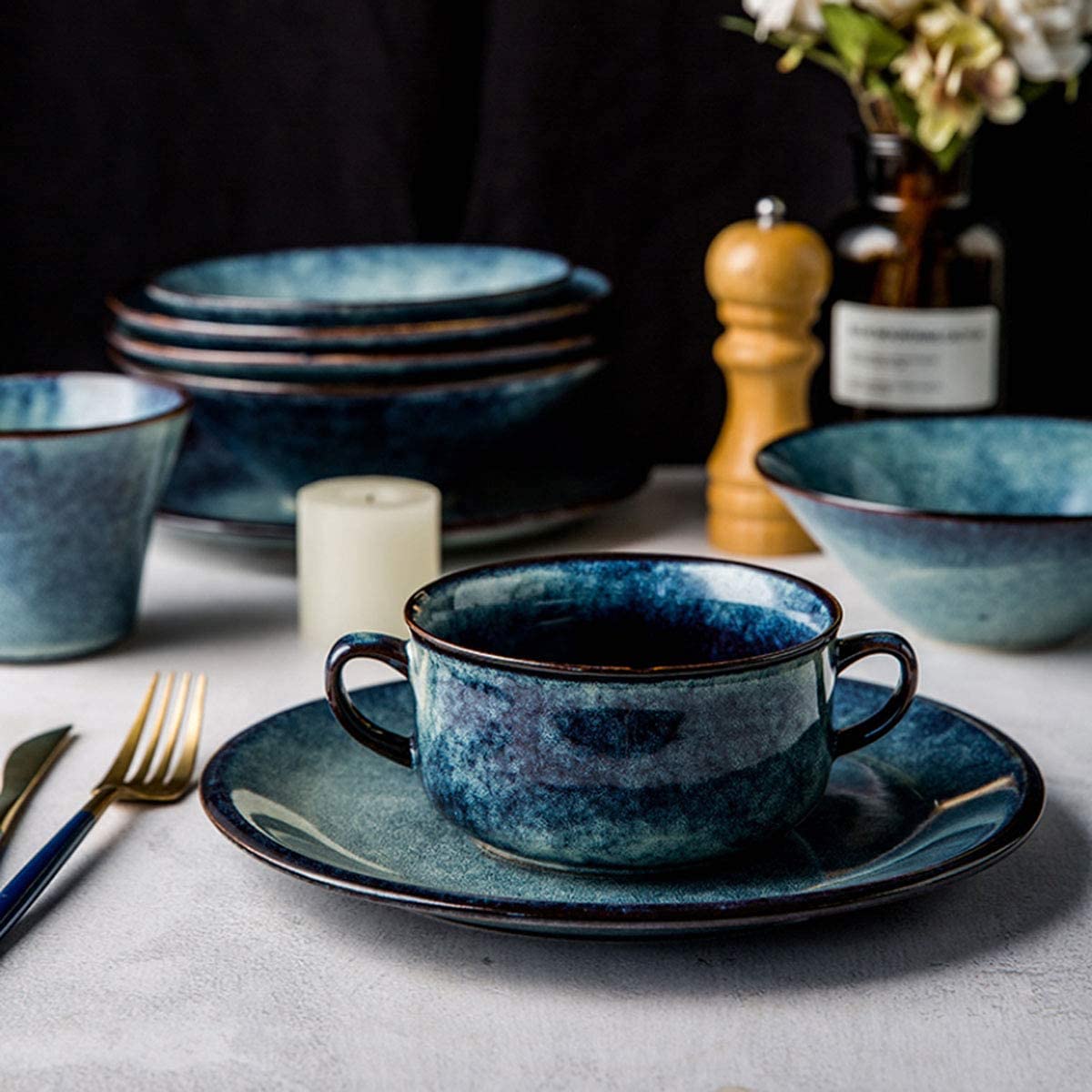 Amazon.com | Japanese Blue Bowl Plate Service Set, Stoneware