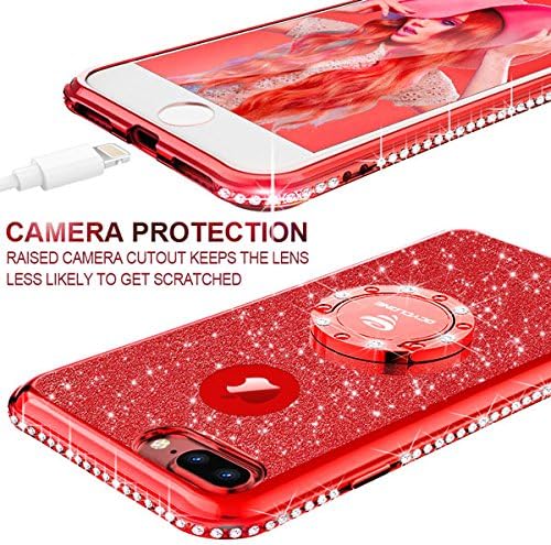 iPhone 7 Plus Case, iPhone 8 Plus Case, Glitter Cute Phone Case Girls with Kickstand, Bling Diamond Rhinestone Bumper Ring Stand Thin Soft Protective iPhone 7 Plus/ 8 Plus Case for Girl Women - Red