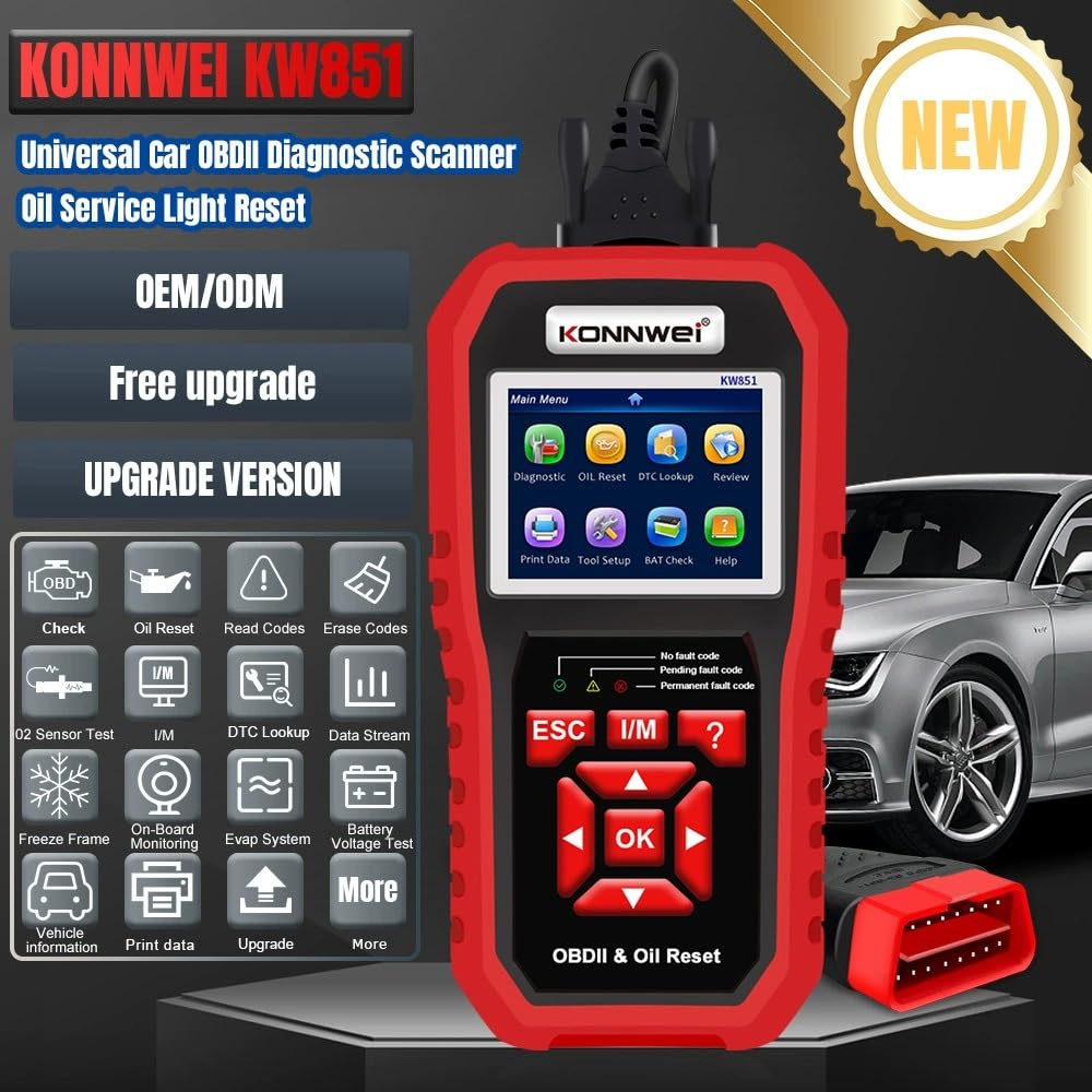 KONNWEI KW851 KFZ Diagnosegerät OBD2 OBDII/EOBD Auto Scanner Auslesegerät mit Batterietest, Fehlercodes Lesen Löschen, Live-Daten, I/M Readiness, für Fahrzeuge Benzin Diesel ab 2002