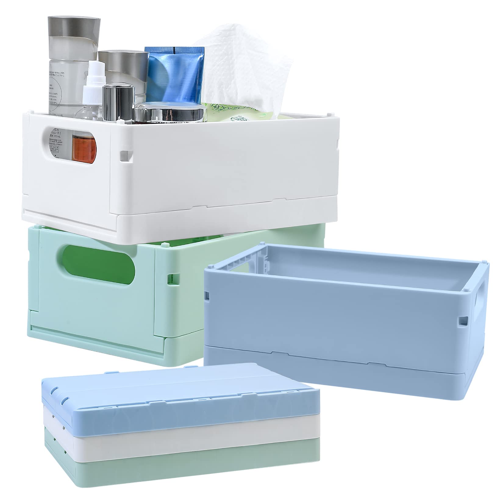 Qeapug Pack of 3 Folding Boxes, Plastic, Foldable Storage Basket, Plastic Stable Folding Basket, Foldable Storage Boxes, Folding Box for Kitchen, Bathroom, Office, Shelf - Light Blue, Green, White