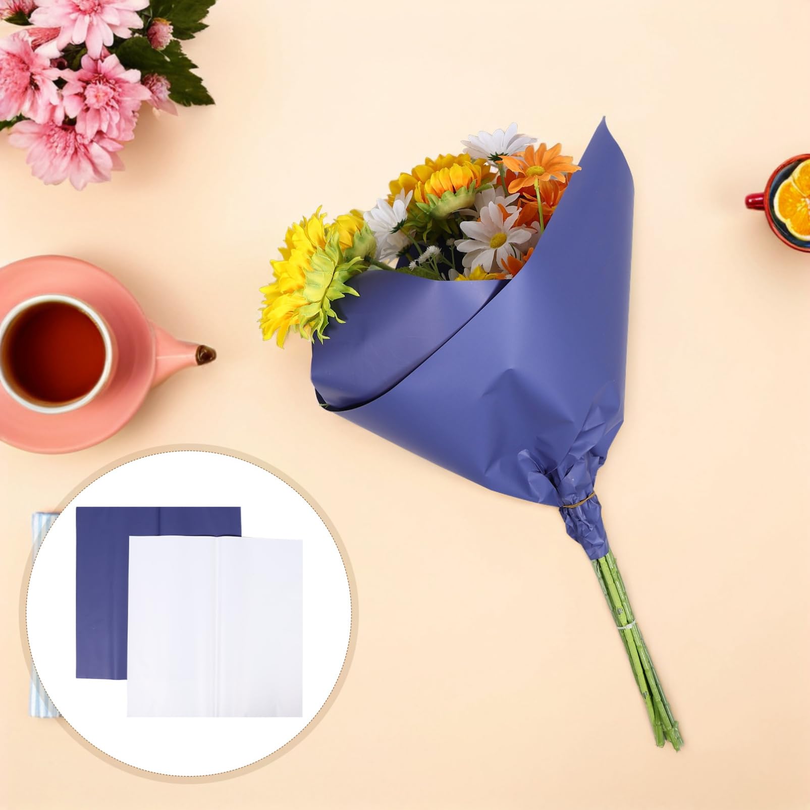 Papier D’emballage pour Bouquet de Fleurs Bleu Blanc 80 Feuilles | Double Face, Papier Waterproof en Papier, Usage DIY pour Présents et Fleurs, Style Élégant