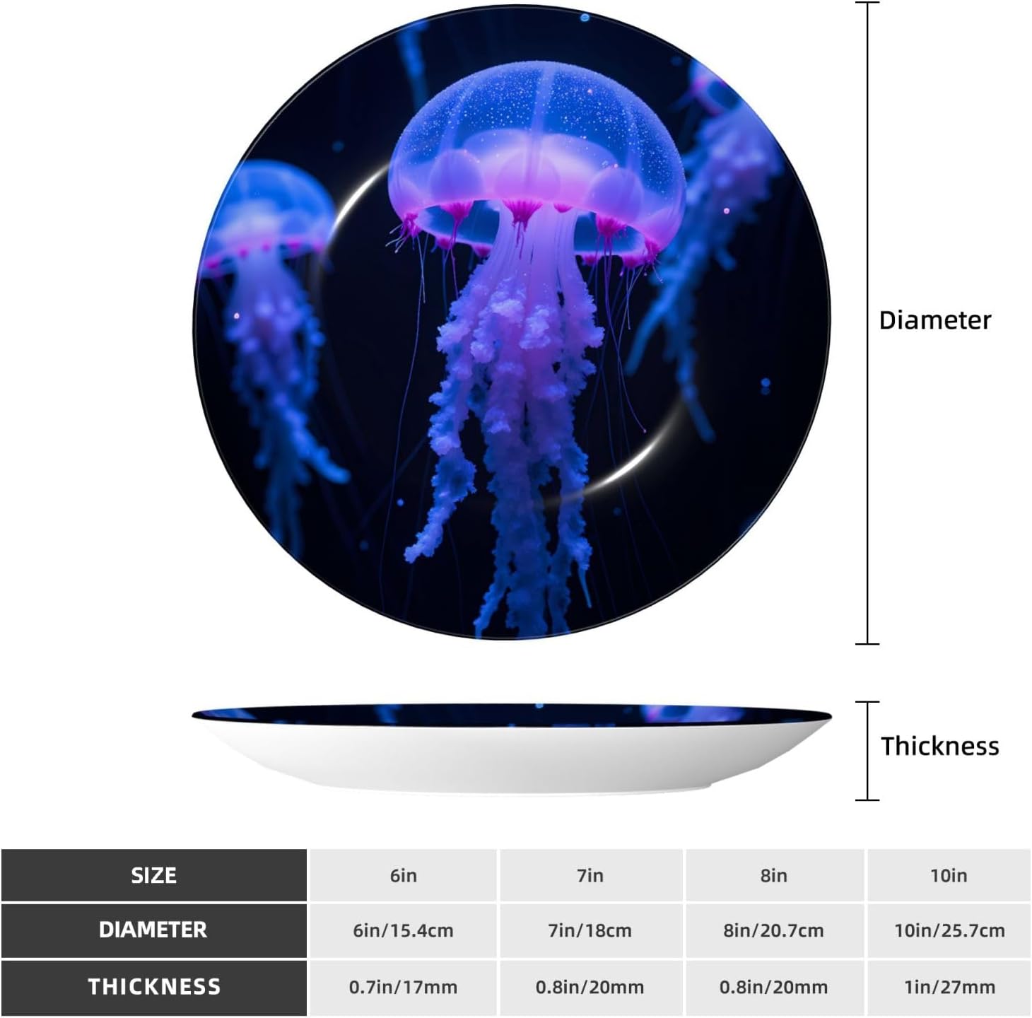 Blue Jellyfish Style Ceramic Plate Display Decorative Plate With Stand Wall Hanging Plate For Home Decor 10 Inch