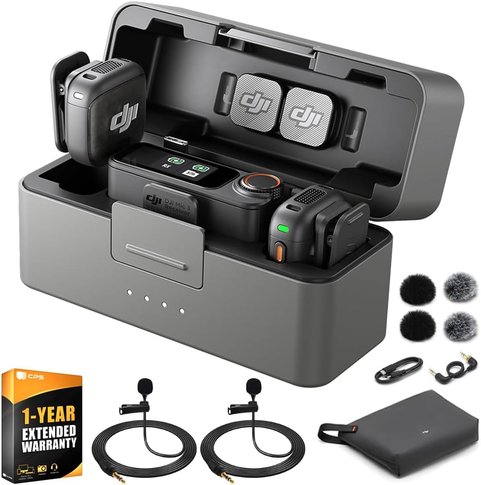 DJI Mic 3 (2 TX + 1 RX + Charging Case) Advanced Mini Wireless Microphone CP.RN.00000480.01 Bundle with 1 YR CPS Enhanced Protection Pack, 2X Deco Essentials 3.5mm Clip-On Mini Lapel Mic