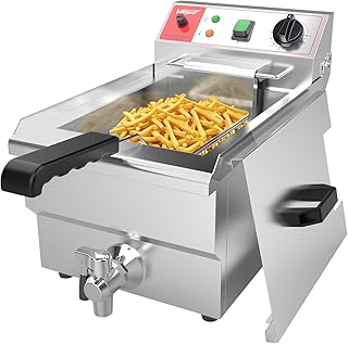 Valgus Kommerzielle elektrische Fritteuse aus Edelstahl 3000W 10L Großraum-Küchen-Fritteuse mit Korb und Deckel, Ablaufsystem