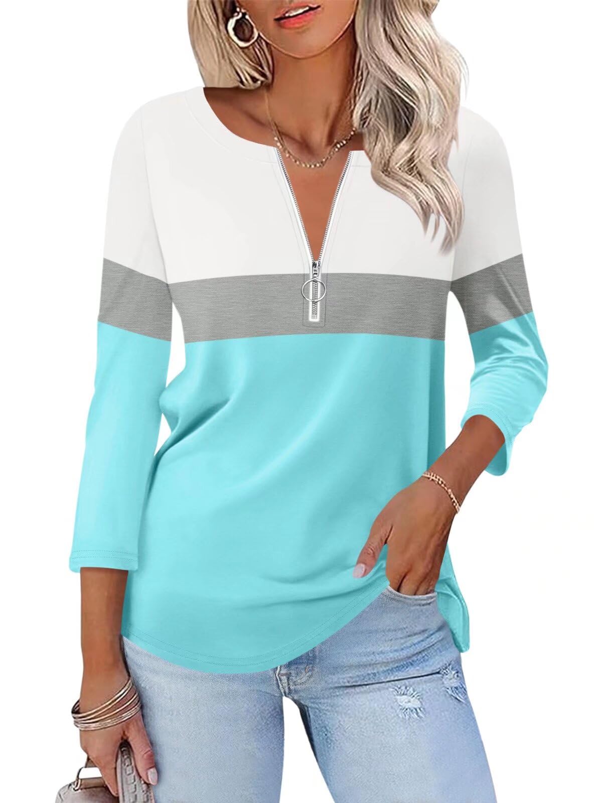 ORANDESIGNE Women’s 3/4 Length Sleeve Tops Summer Color Block Zipper T Shirts Casual Ladies Tees
