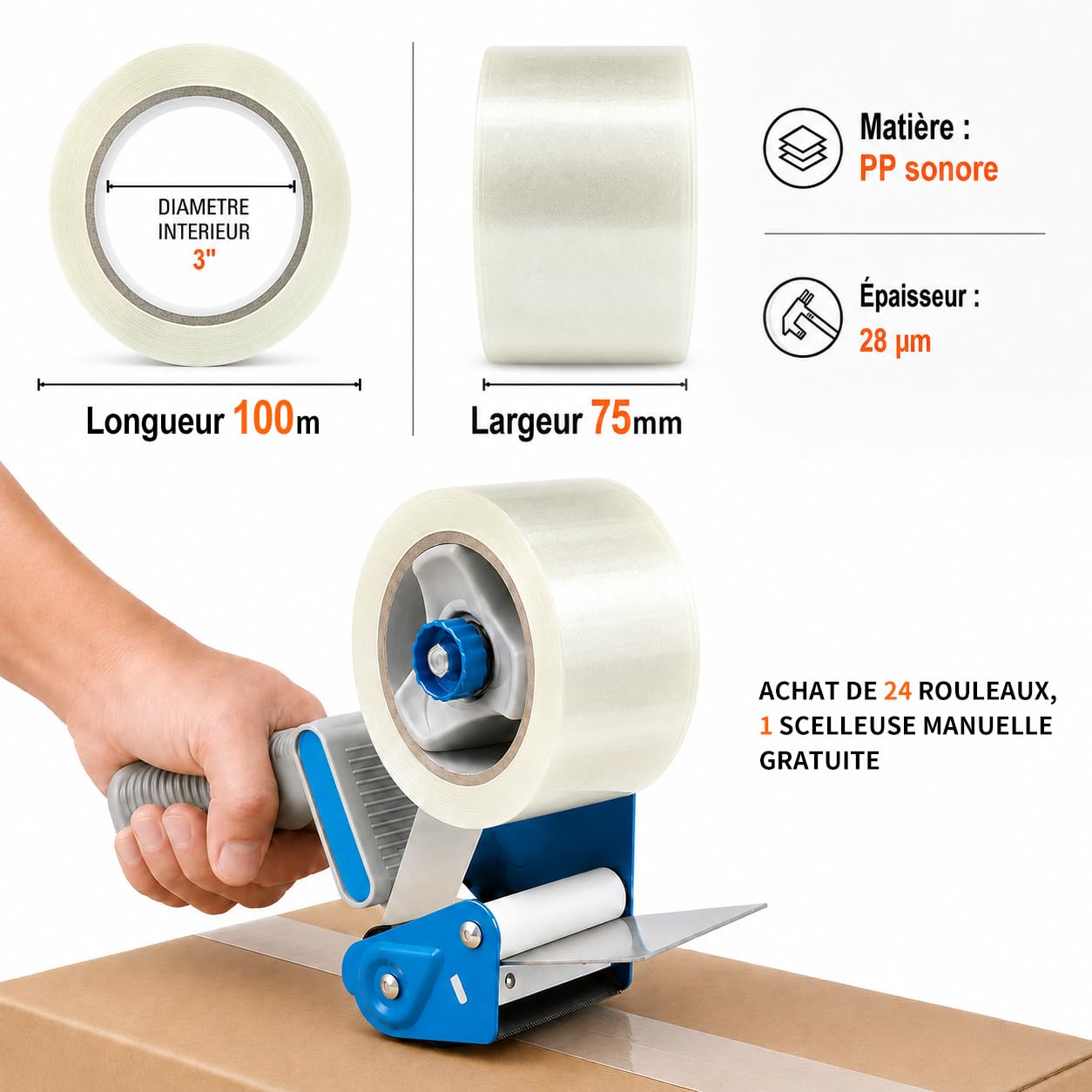 Lot de 24 Rubans Adhésifs Transparents 75 mm x 100 m, 28 Microns, Ruban d’Emballage Large pour Cartons Volumineux, Logistique et Entrepôt, Dévidoir Métallique Inclus