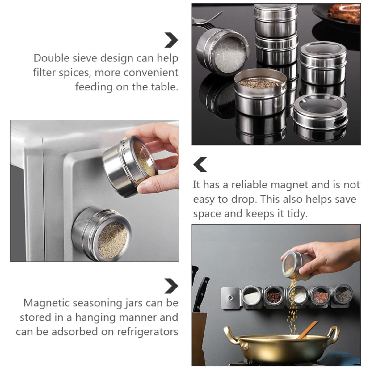 Boîte à Épices Argenté avec Couvercle Transparent en Acier Inoxydable Magnétique et Double Tamis, Lot de 8 Pièces avec Rangement Suspendu Pratique Cuisine