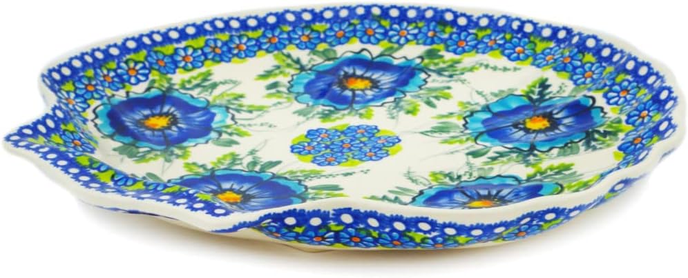 Polmedia Polish Pottery 11" Fluted Shell Shaped Platter 11-inch UNIKAT - Orchid Crown Pattern Handmade in Boleslawiec Poland + Certificate of Authenticity