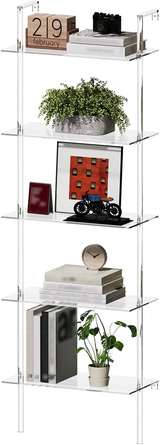Acrylic Ladder Bookshelf, 5-Tier Clear Wall Mounted Bookshelf with Open Shelves, Multipurpose Bookcase for Living Room, Bathroom, Office, Modern, 11.6" D x 23.4" W x 72.6" H