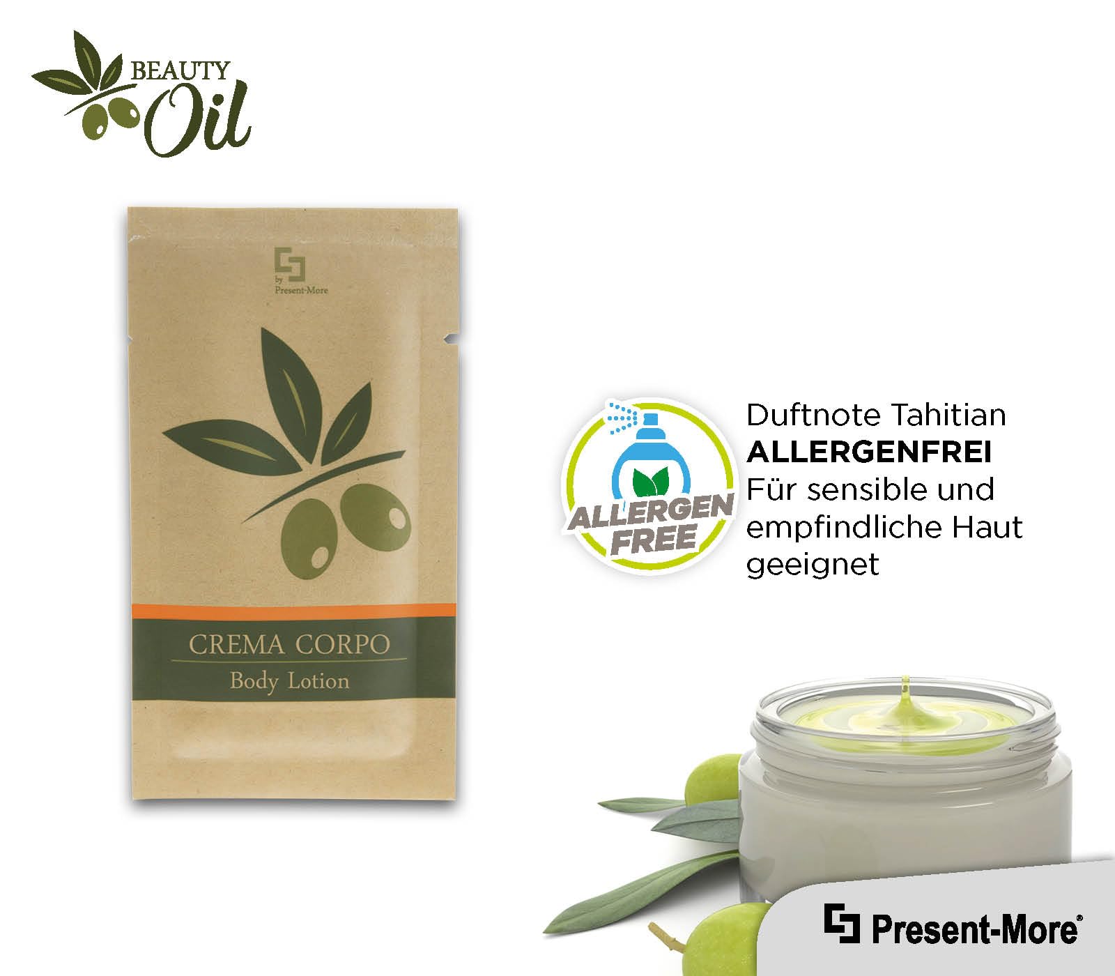 Present-More Body Lotion 15ml Beauty Oil - Körpercreme 250 Stücke für Hotels und B&B | Allergenfreie Körpercreme mit Duftnote Tahitian | Allergenfreie Body Lotion - Duft Tahitian - Ideal für Hotels und B & B