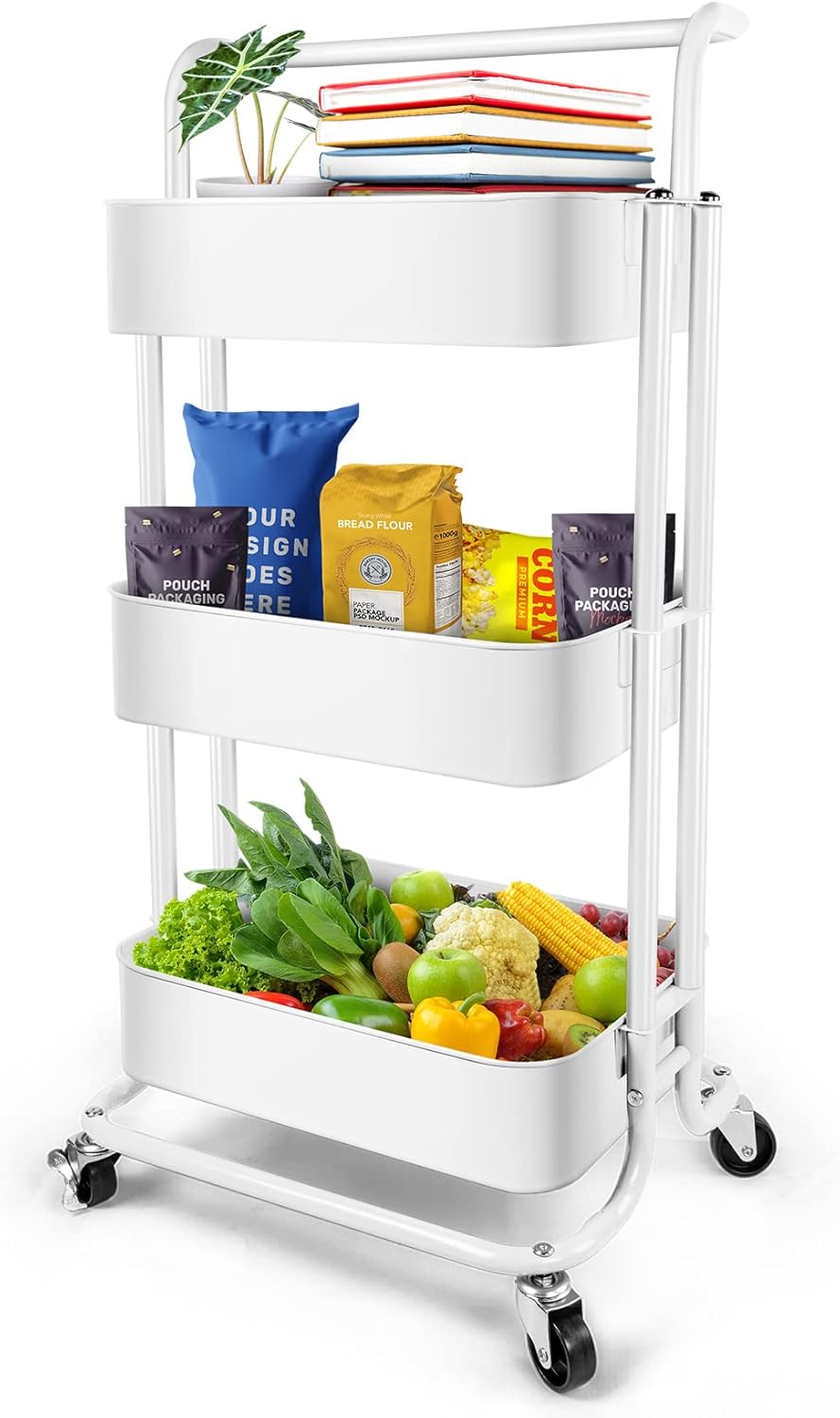 Homchwell 3 Tier Metal Utility Rolling Cart with Lockable Wheels, Multifunction Movable Storage Shelves Organizer Cart with Handle and Mesh Basket for Kitchen, Coffee Bar,Bathroom, Office