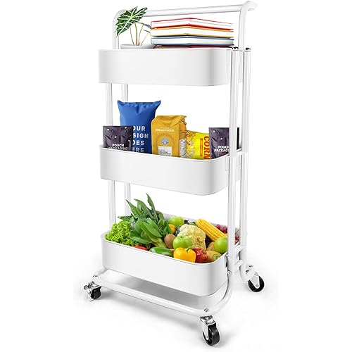 Homchwell 3 Tier Metal Utility Rolling Cart with Lockable Wheels, Multifunction Movable Storage Shelves Organizer Cart with Handle and Mesh Basket for Kitchen, Coffee Bar,Bathroom, Office
