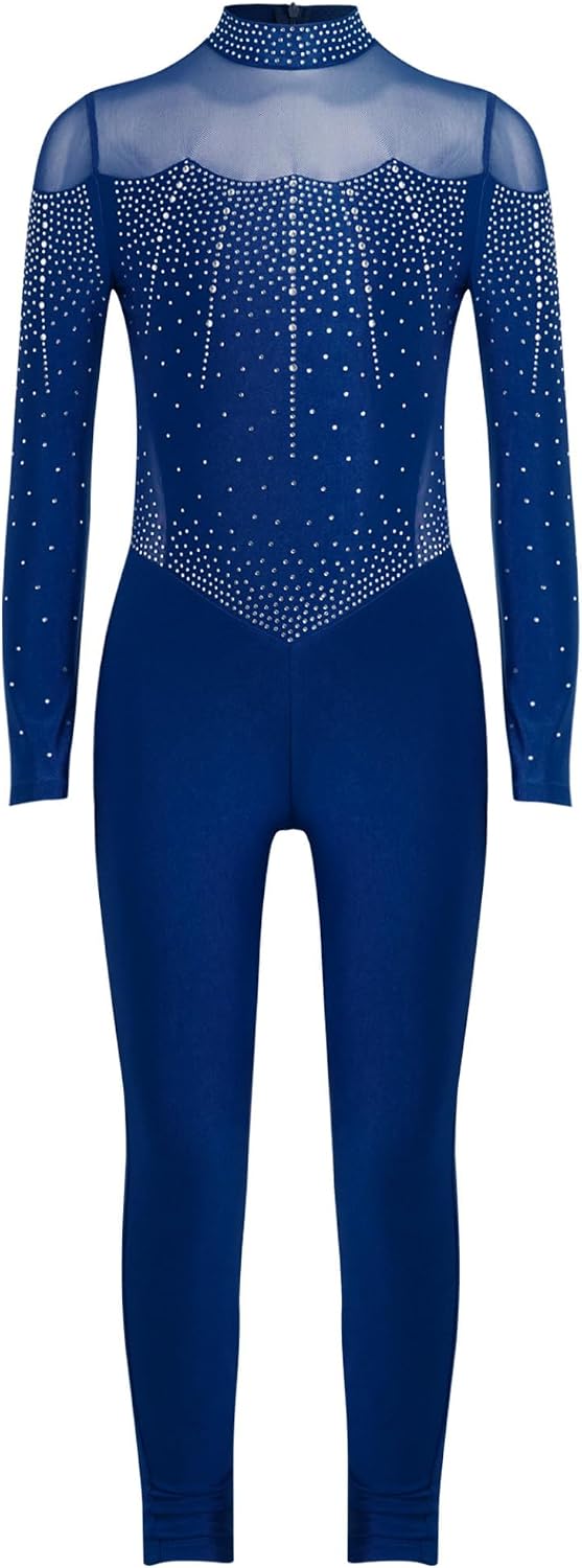 Linjinx Kids Girls Shiny Rhinestone Long Sleeve Full Body Unitard Gymnastic Leotard One Piece Skating Jumpsuit Bodysuit