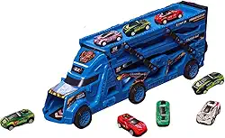 Caminhão Cegonha Catapulta Com 8 Carrinhos Inclusos De 3 Andades Retrátil Pista Lançadora Brinquedo Ideal Para Presente Aniversário Natal Dia das Crianças (Azul)