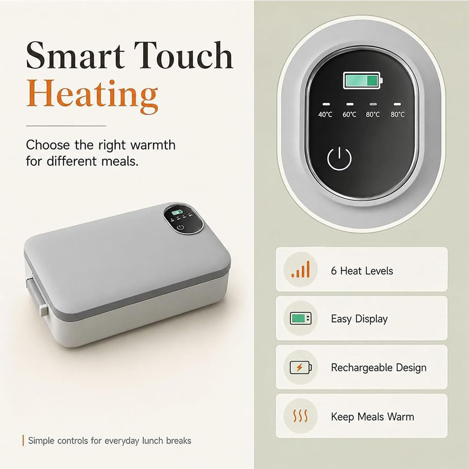 Fiambrera eléctrica portátil con autocalentamiento, calentador de alimentos inalámbrico recargable de 900 ml con pantalla de temperatura, a prueba de fugas para trabajo, viajes, camping (Gray)