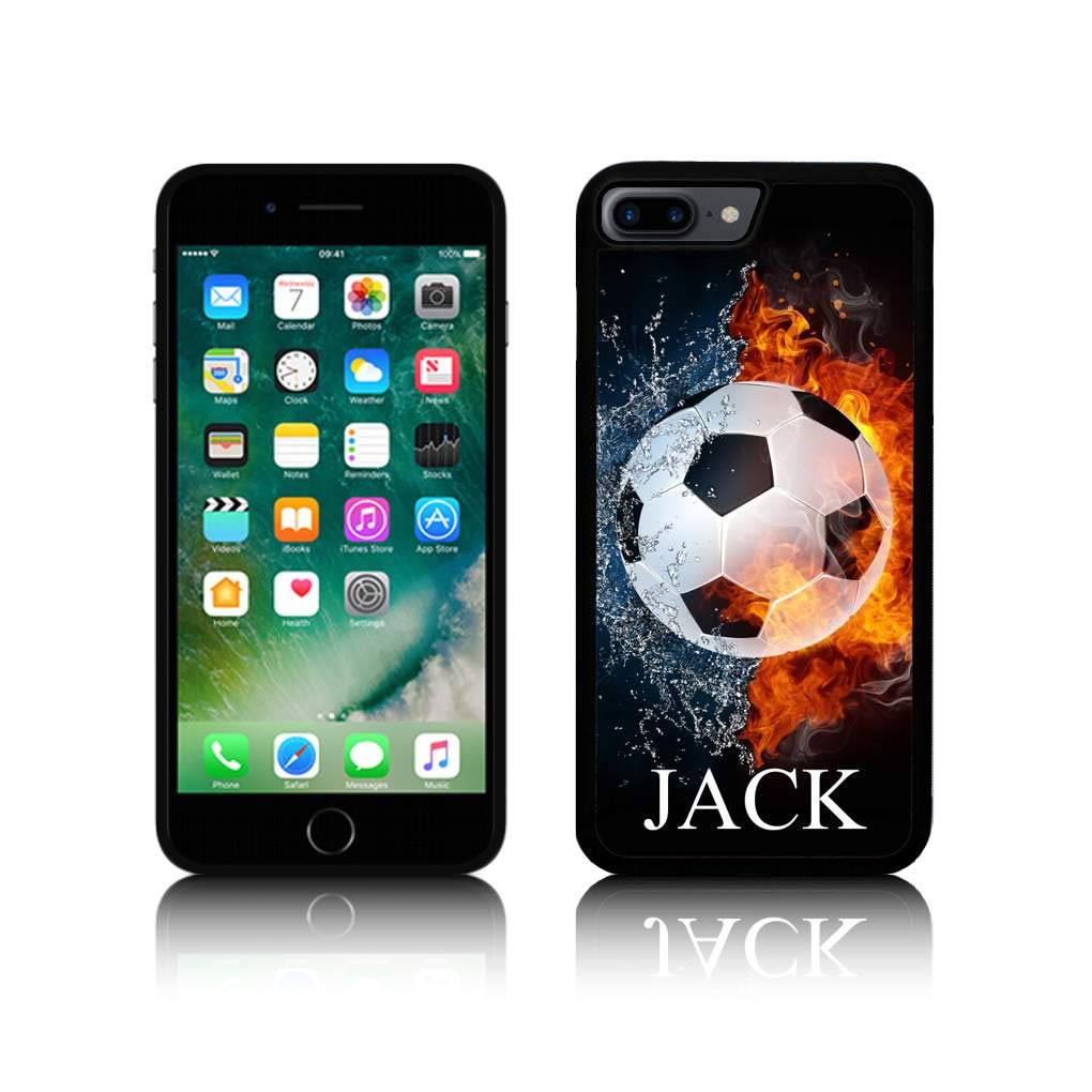 Jackster Trading Ltd Personalised 'FOOTBALL in Fire & Water with NAME ' Silicone TPU Case for all Apple IPHONES (iPhone SE, BLACK)