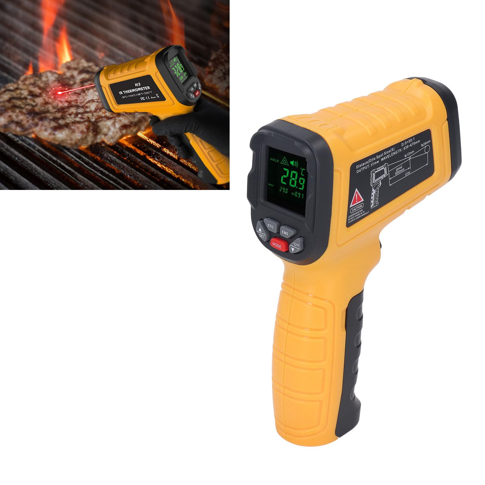 ViaGasaFamido Termómetro Infrarrojo, Medidor de Temperatura Portátil ABS 58 a 2552 ℉ Relación de Distancia 50 a 1 Pantalla LCD Retroiluminada para Soldar Cocinar HVAC Uso Industrial Automotriz