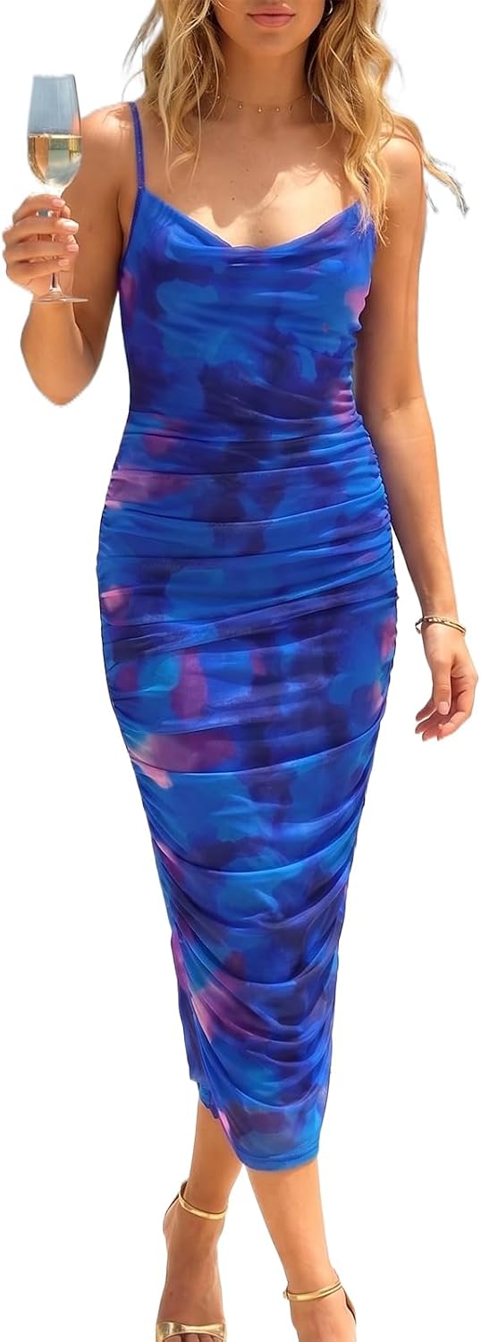 CUPSHE Women's Summer Tie Dye Cowl Neck Ruched Bodycon Midi Dress | Sheer mesh overlay with lining, adjustable spaghetti strap, back slit hem slim fit dress, for cocktail party, wedding guests
