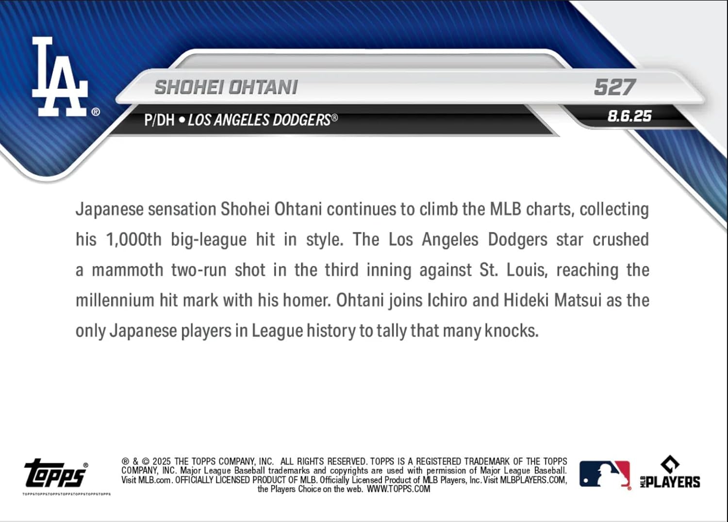 2025 Topps Now Shohei Ohtani #527 Blasts Home Run for 1000th Career MLB Hit Los Angeles Dodgers Baseball Card