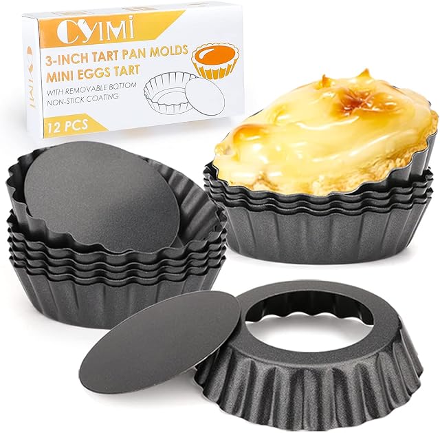 Cyimi 12 pcs Egg Tart Molds, 3 Inch Mini Tart Pans Removable Bottom, Cupcake Cake Muffin Mold Tin Pan Baking Tool, Reusable Quiche Bakeware Carbon Steel for Pies, Quiche, Cheese Cakes, Desserts,7.6CM