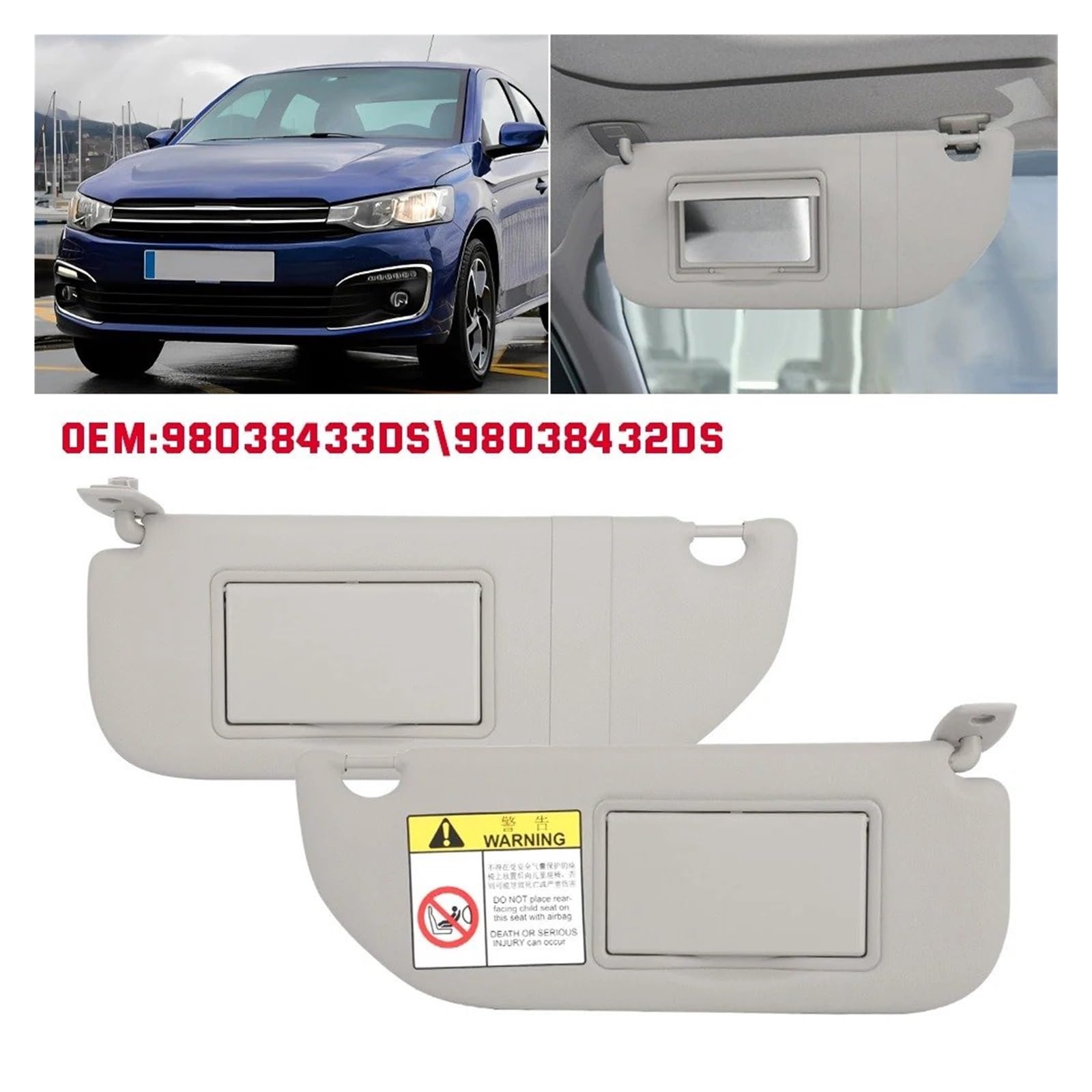 Viseras Parasol 98038433DS para Peugeot 301 para Citroen para C2 para C3 para Elysee 2014-2017 98038432DS Parasol con Espejo Accesorios Coche Visera(1 Juego)
