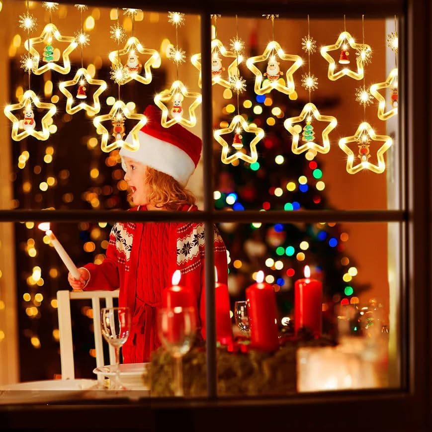 Image of Desidiya 10 Star Shape Christmas Window Curtain String Hanging Lights for Christmas Decoration for Christmas Home Bedroom Decor (Warm - White)