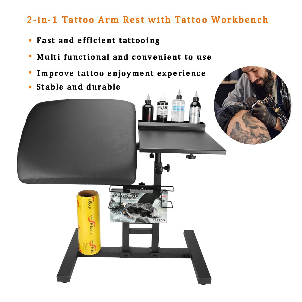 Reposabrazos XL 2 en 1 para tatuajes, banco de trabajo para tatuajes, estación de trabajo para tinta, máquina, guantes, película adhesiva y otros estantes de almacenamiento