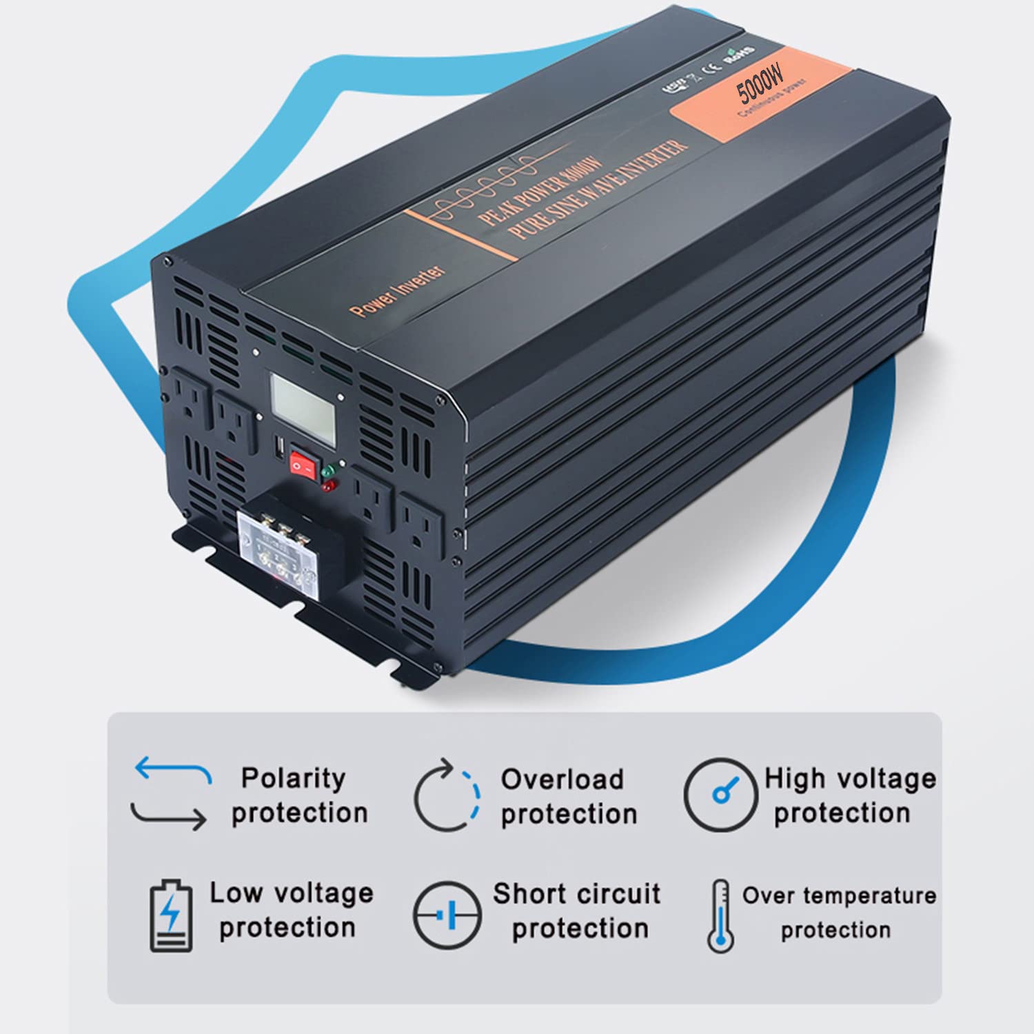 2000W 3000W 4000W 5000W falownik czysta fala sinusoidalna 12V 24V 48V do 230V przetwornica napięcia samochodowego przetwornica napięcia z ekranem LCD i 2 portami USB,5000W-12V