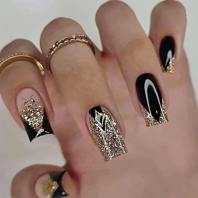 Acrylic Square Press on Nails Medium Length Black Fake Nails Gold Shiny Artificial