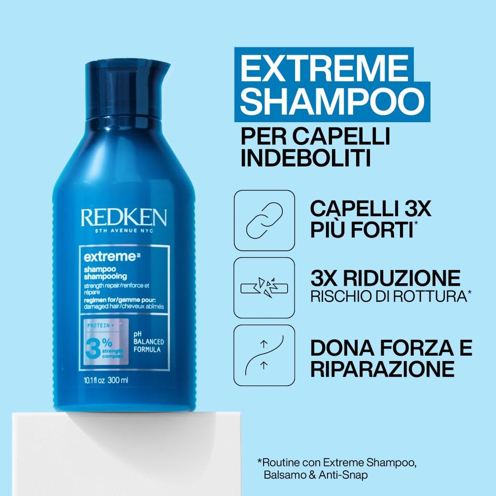 Redken, Shampoo + Balsamo + Spray Multi-beneficio Travel Size in Omaggio, Per Tutti i Tipi di Capelli Indeboliti, Forza della Fibra Ripristinata, Extreme + One United, 300 ml + 300 ml + 30 ml