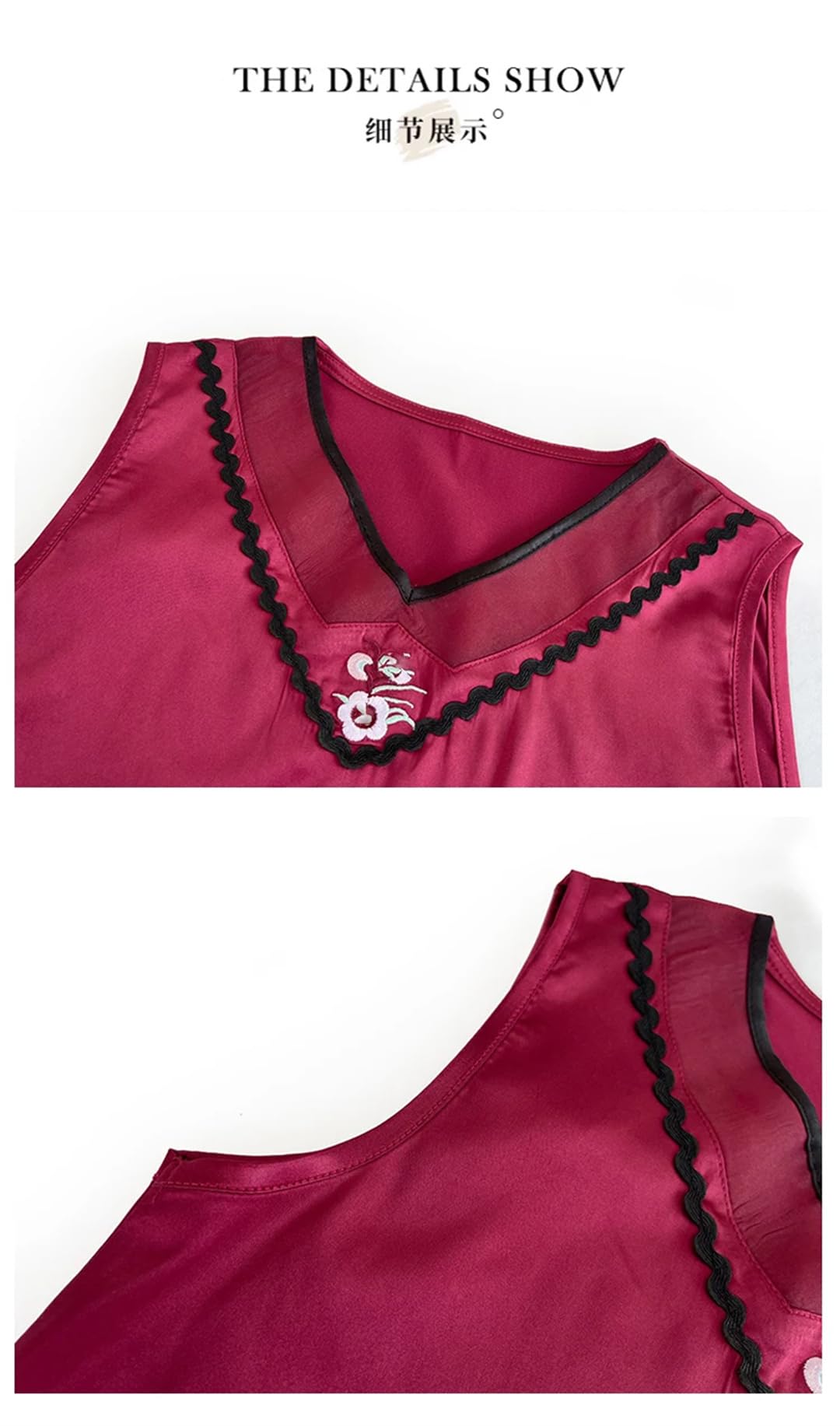 Canotta da donna in stile cinese ricamata, in raso di seta, con scollo a V, senza maniche
