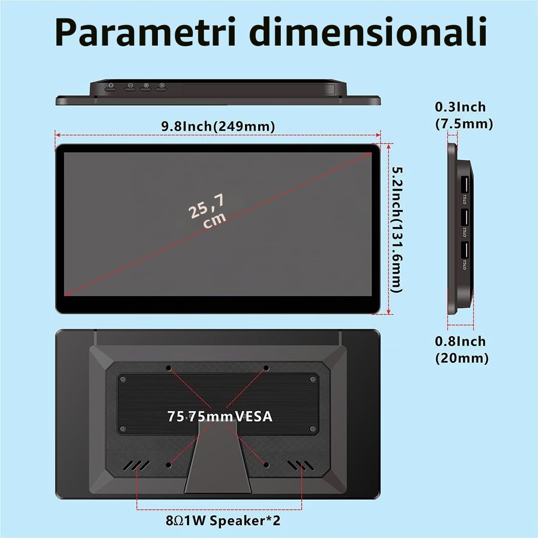 Portatile Monitor Touchscreen 10.1 pollici，IPS 1540×720 USB-C HDMI Secondario Display con supporto&altoparlante，Long bar screen per PC laptop Rasp Pi 5 AIDA64 STEM DIY