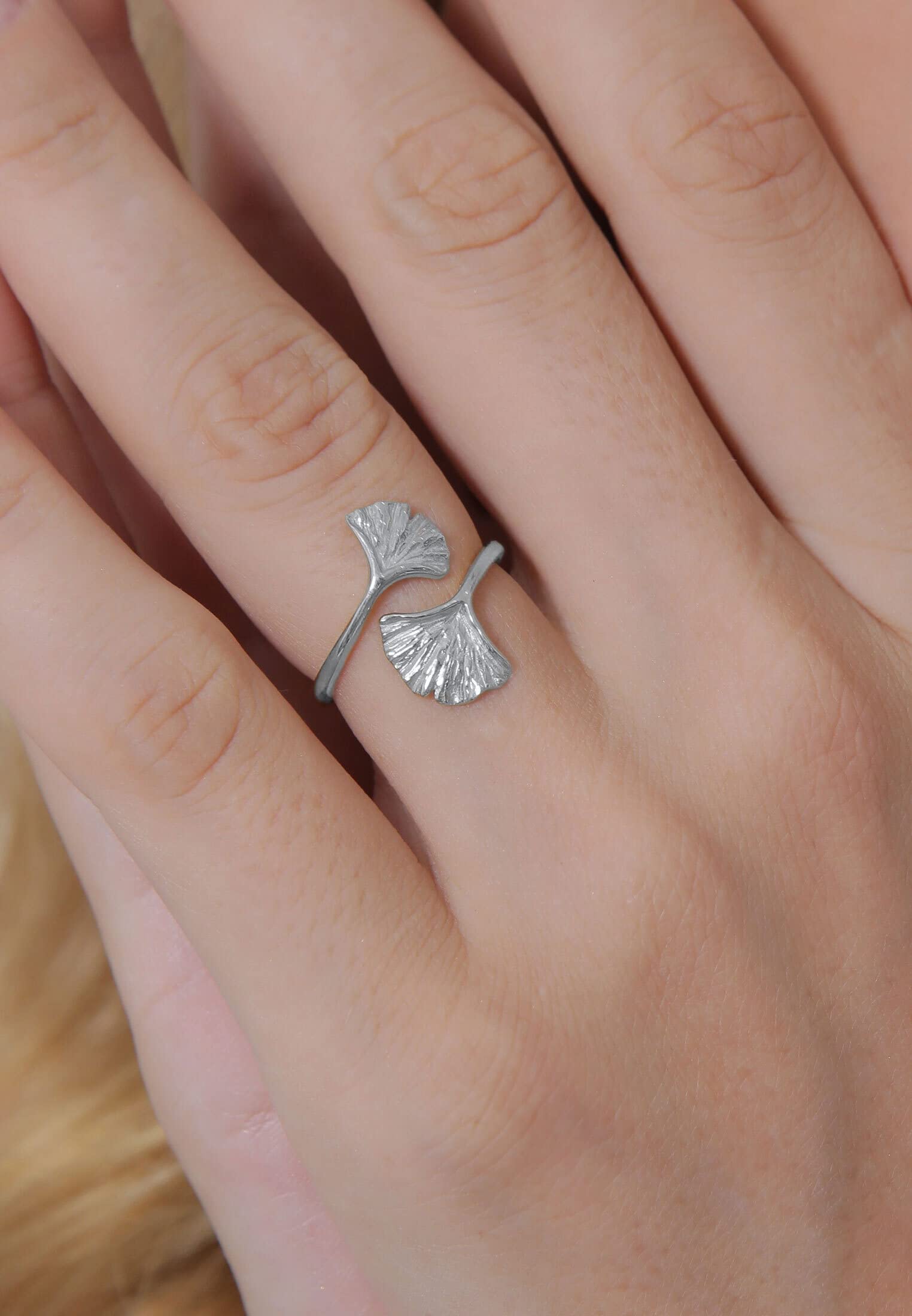 Elli Anelli Donne tendenza foglia di Gingko aperta in argento sterlino 925 placcato oro