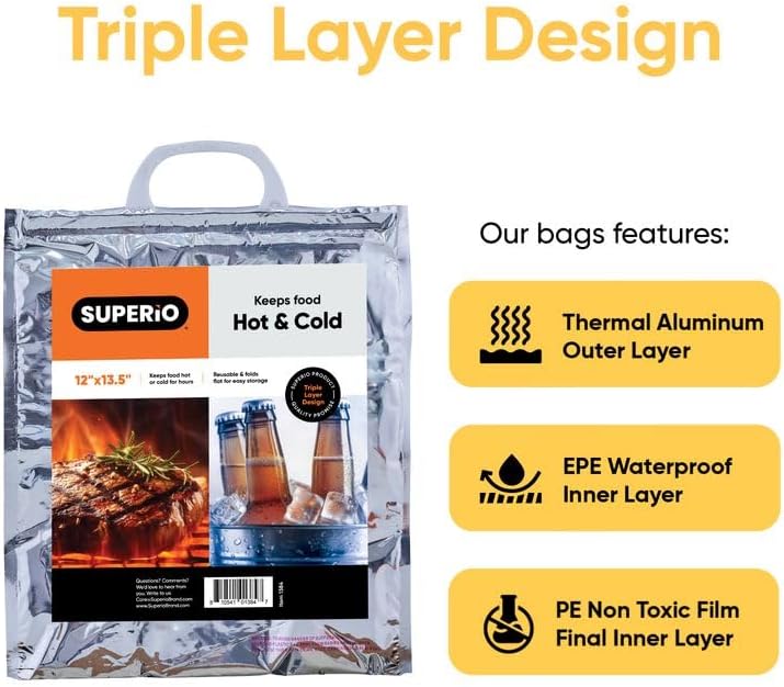 Superio Hot and Cold Insulated Bags for Food Delivery, Grocery Shopping Bags, Food Storage for Hot and Frozen Food for Travel, Disposable Cooler Bag, Reinforced Thermal Lunch Bag (10, 12"x13.5")
