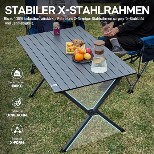 EVER ADVANCED Campingtisch Klappbar Aluminium 120X70CM Klapptisch 100KG Belastbar Aufrollbarer Tischplatte für 4-6 Personen, Falttisch mit Tragetasche für Camping Picknick Garten Balkon, Dunkelgrau