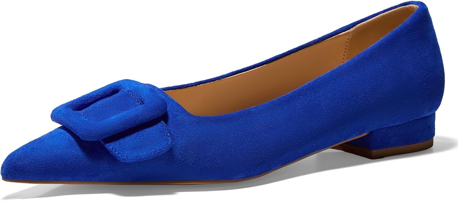 Women's Square Buckle Flats Pointed Toe Slip on Flat Comfortable Dress Shoes