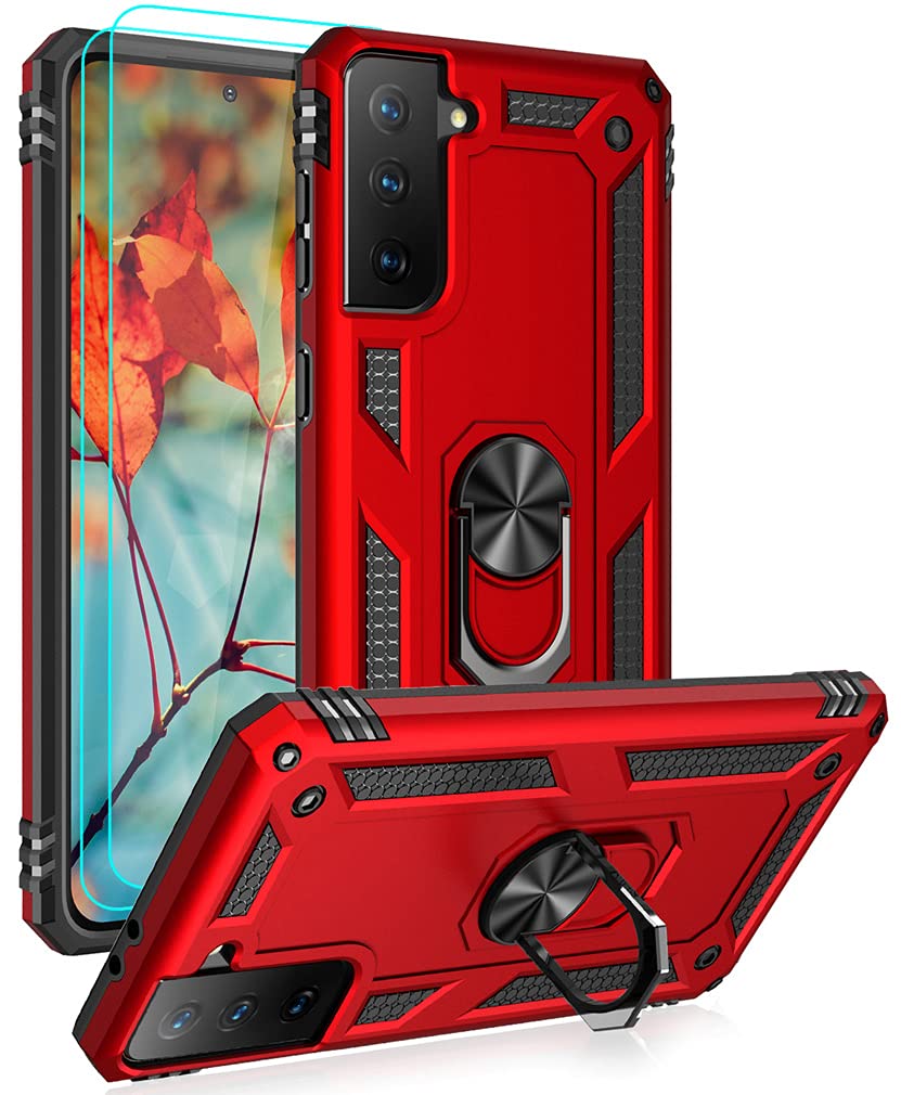 AndrogateCompatible with Samsung Galaxy S21 FE 5G Case with HD Screen Protectors, Military-Grade Metal Ring Holder Kickstand 15ft Drop Tested Shockproof Cover Case for Galaxy S21 FE Red