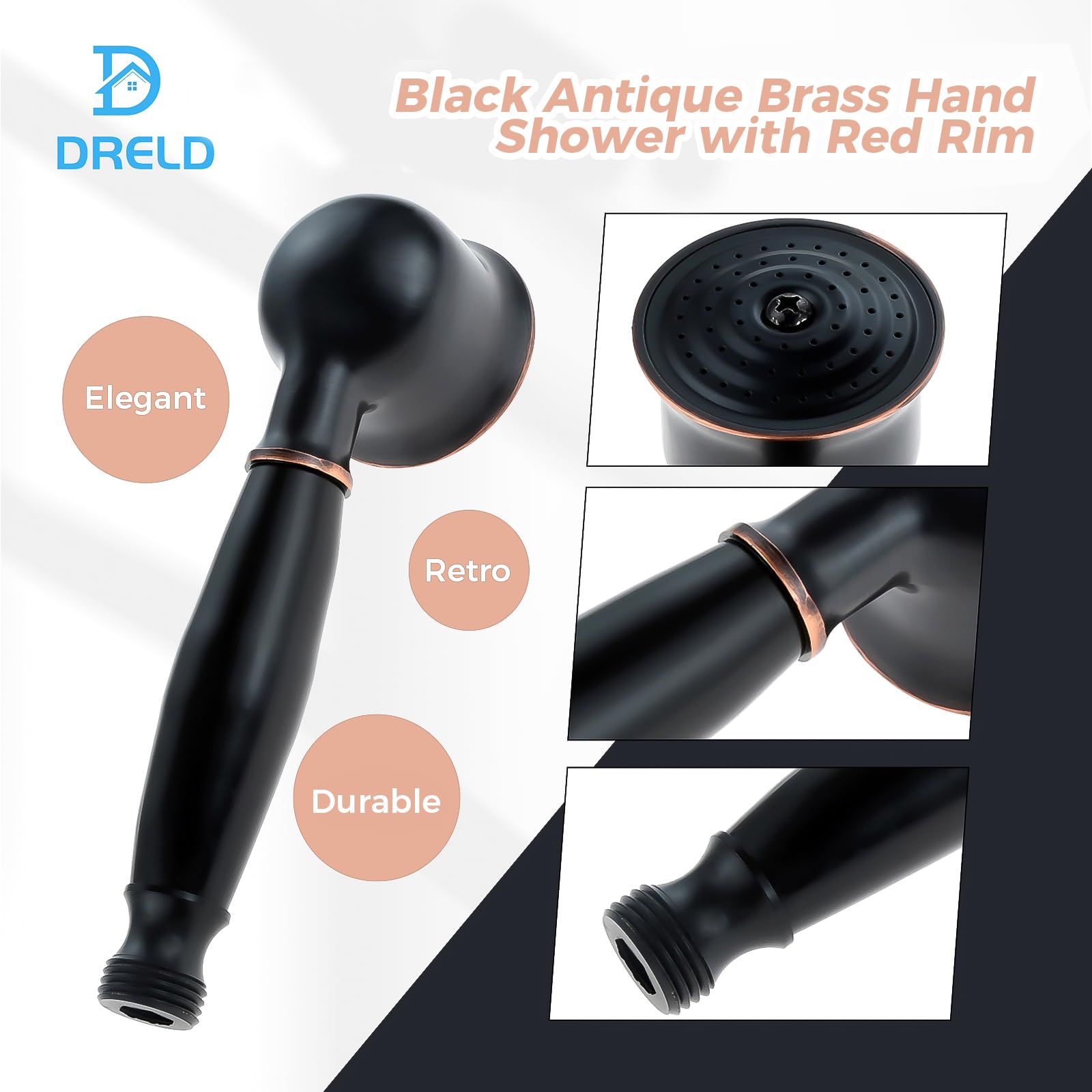 DRELD 1 soffione doccia retrò in ottone nero, doccetta vintage da bagno, doccetta resistente all'usura con stile telefonico, doccetta vintage rimovibile (17 cm di lunghezza, 5 cm di diametro della