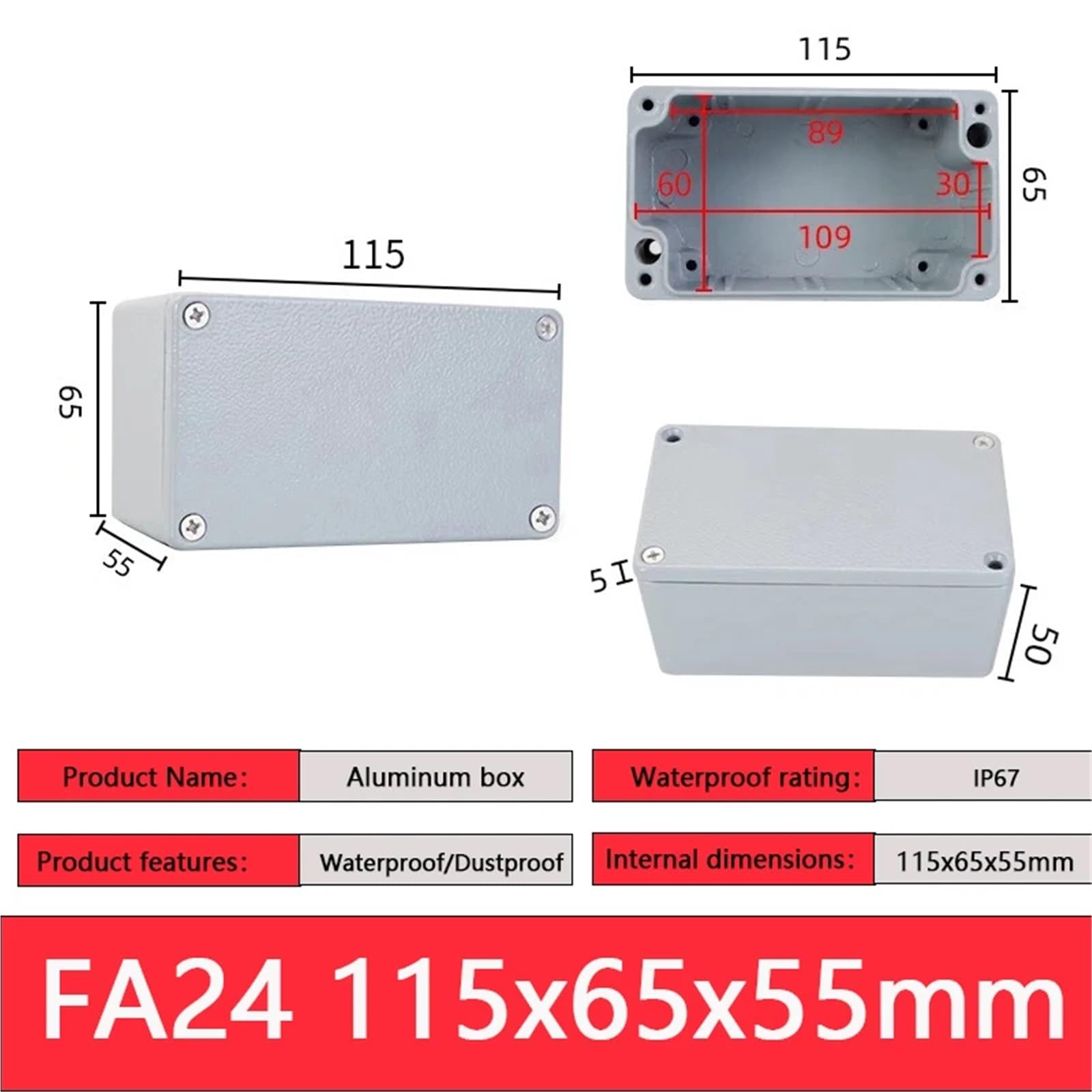 Wodoodporna puszka z odlewu aluminiowego, wodoodporna aluminiowa puszka zewnętrzna, metalowa skrzynka na zaciski zewnętrzne, skrzynka na przyciski, skrzynka okablowania (FA24 115x65x55mm)
