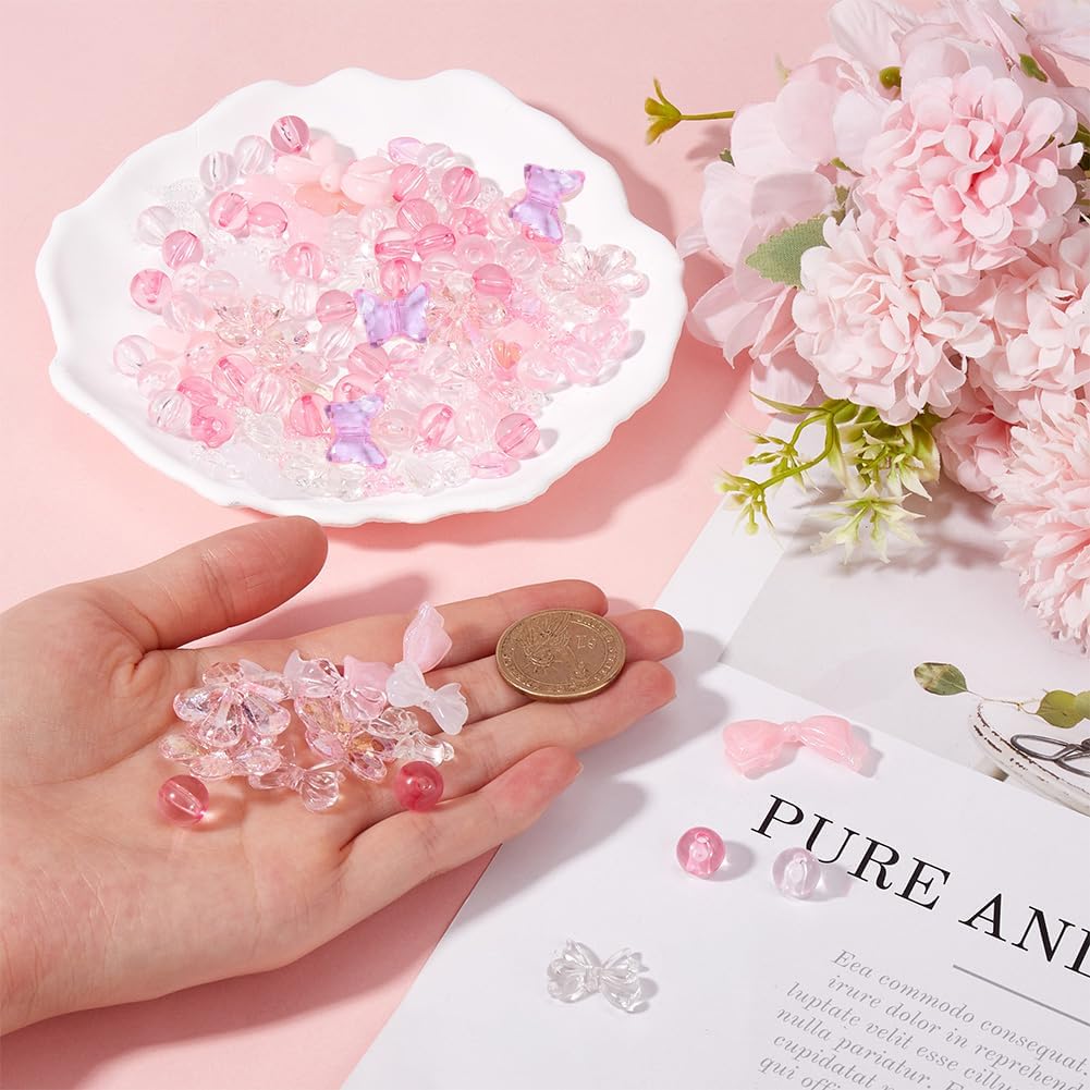 SUNNYCLUE 300Pcs 17 Styles Assorted Acrylic Beads Butterfly Heart Bead Bulk Pink Candy Color Pastel Plastic Flower Star Bow Round Beads for Bracelets Jewelry Making Necklace Accessories - Image 3