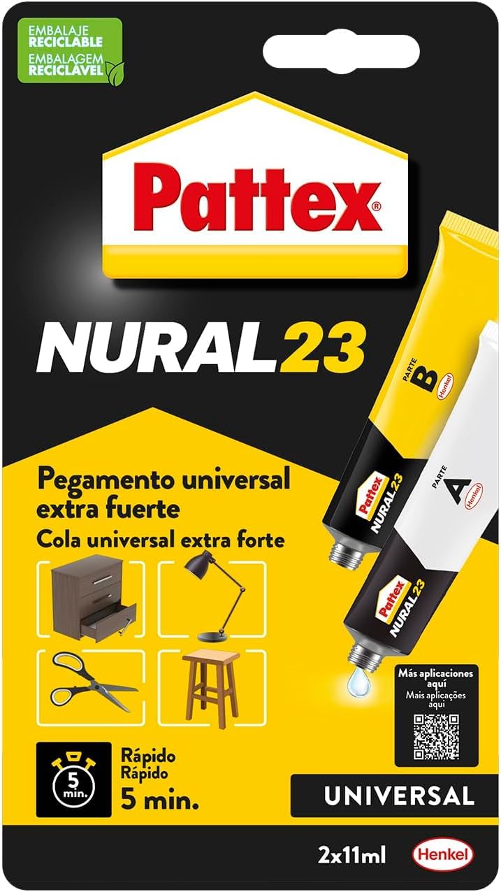 Pattex Nural 23 Pegamento universal extra fuerte, adhesivo extrafuerte para múltiples materiales, pegamento resistente a agua, aceite, disolventes y más, 2 x 11 ml