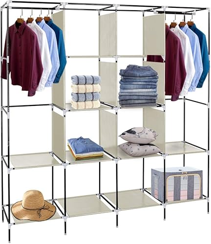 Miniatura 5 de Vasitelan Armario portátil organizador de armario independiente con cubierta barras colgantes estantes 4 bolsillos laterales 17 x 66 x 66 pulgadas