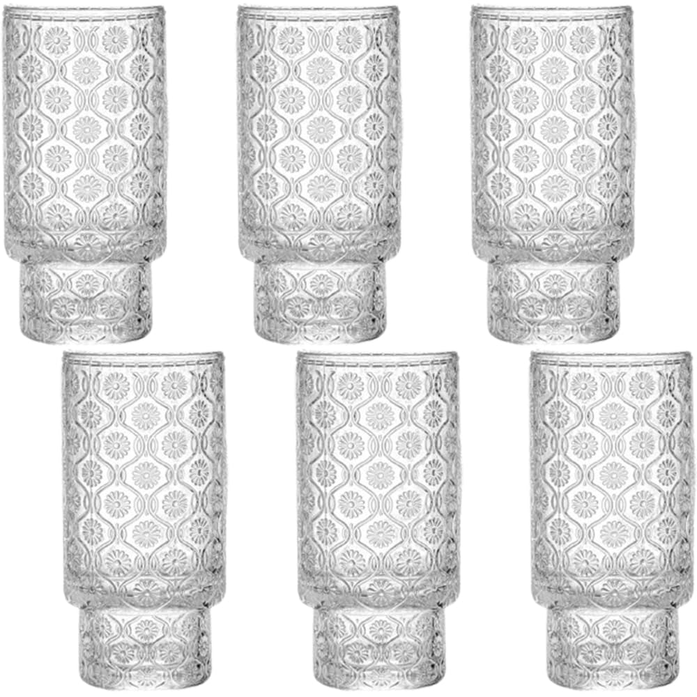 Romantic Vintage Highball Glasses 6 Pack 12oz Tall Tumblers Perfect for Mojitos Soda and Cocktails Set of 6