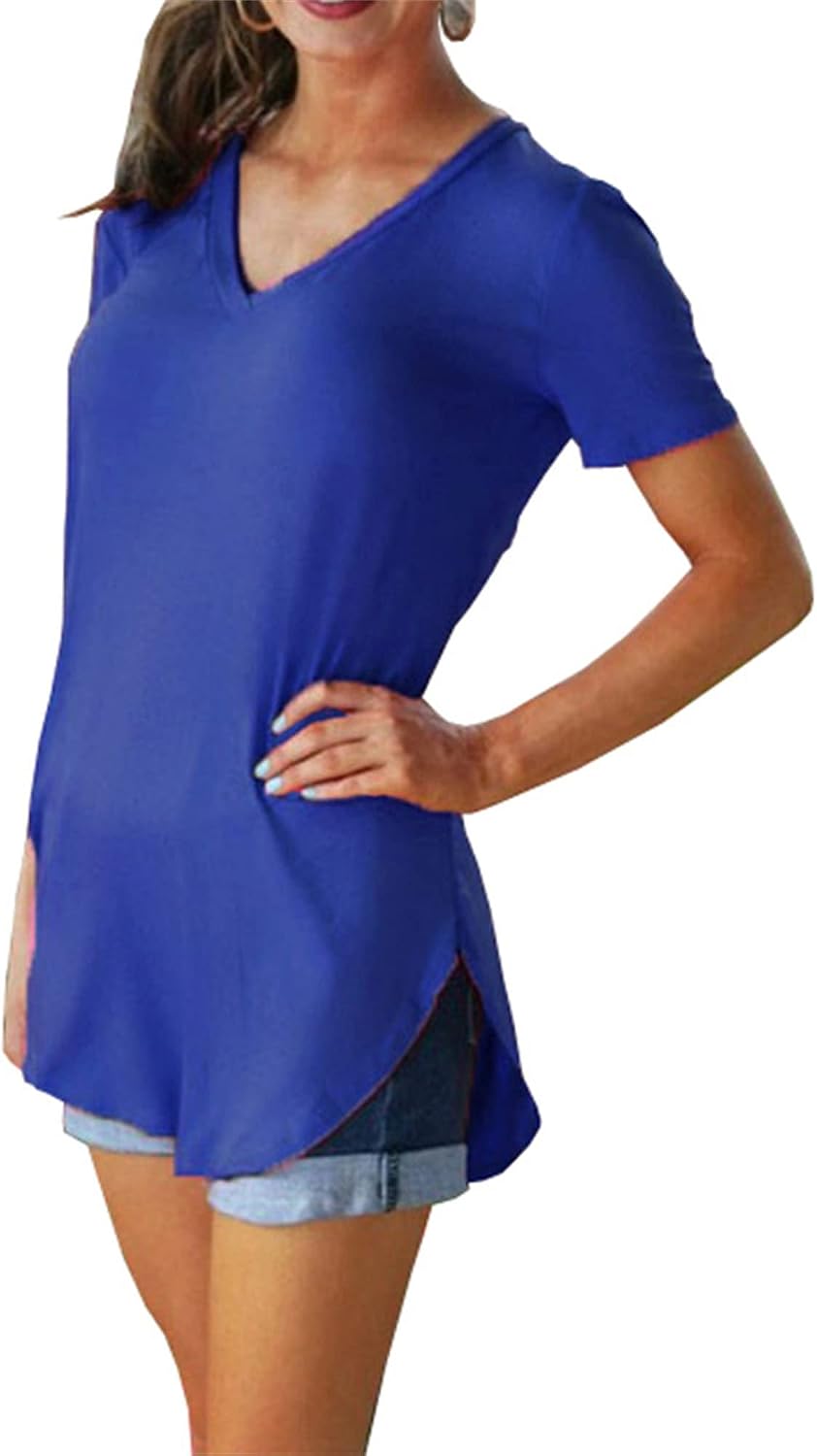 Women's V Neck T Shirts Casual Short Sleeve Curved Hem Tunic Tops Shirt Loose Fit Side Split Athletic Yoga Tee Tops